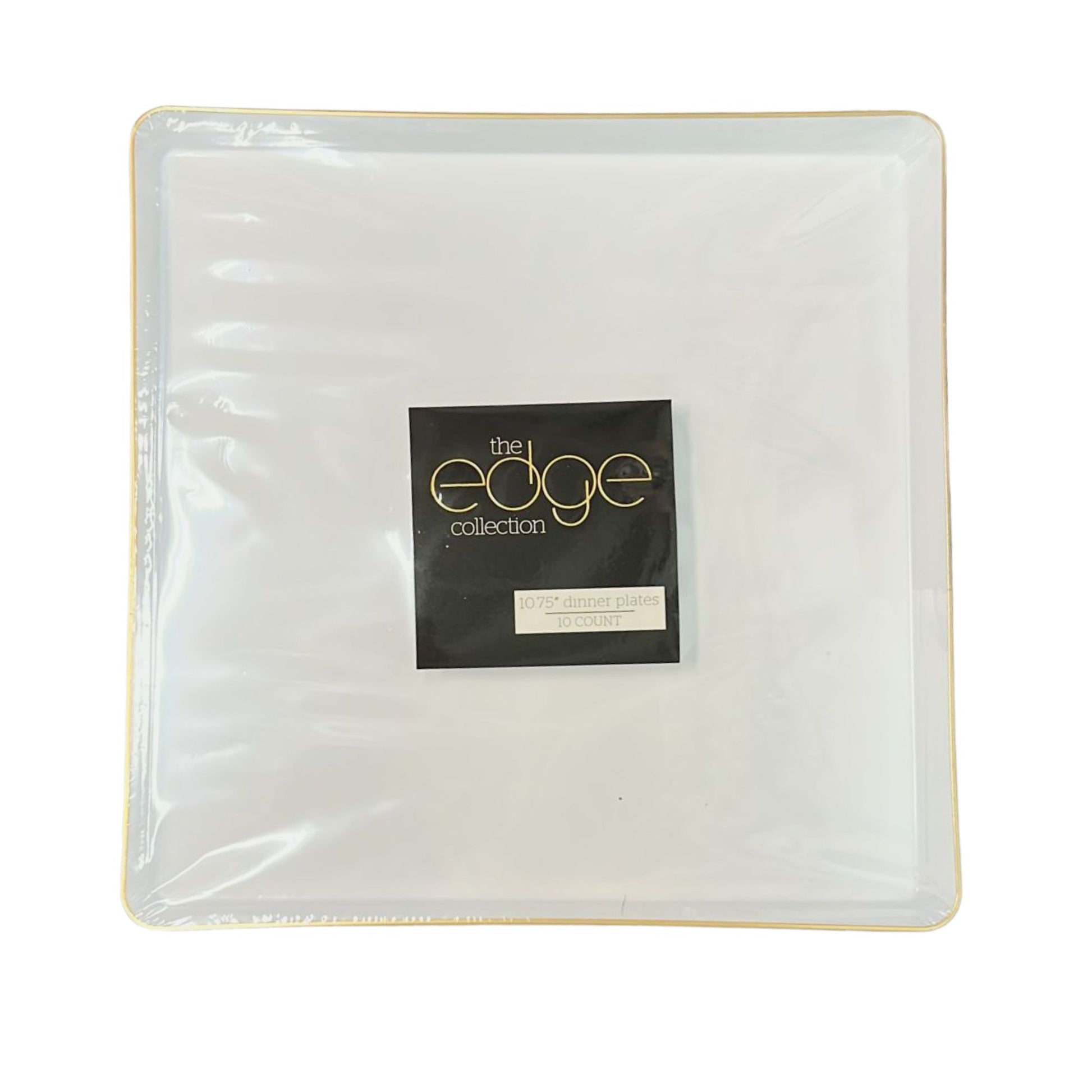 The Edge Collection 10.75" Transparent White with Gold Rim Square Plastic Dinner Plates Disposable Plates SIMCHA Collection