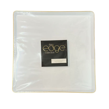 The Edge Collection 10.75" Transparent White with Gold Rim Square Plastic Dinner Plates Disposable Plates SIMCHA Collection