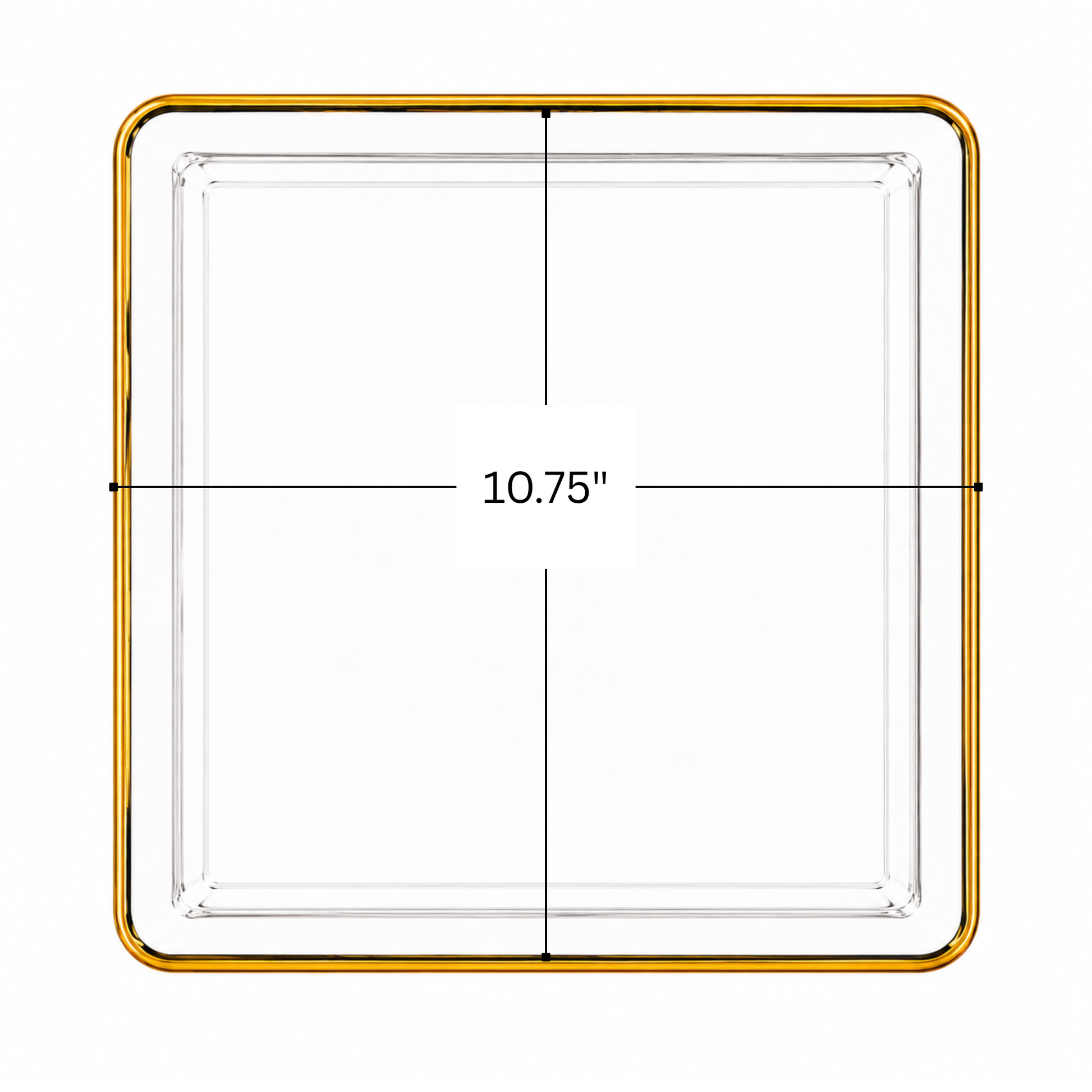 Edge 10.75" Transparent White with Gold Rim Square Plastic Dinner Plates Disposable Plates SIMCHA Collection