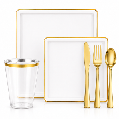 Square White & Gold Rim Plastic Dinnerware Set Value Pack-Edge Dinnerware Sets SIMCHA Collection