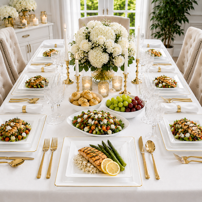 Square White & Gold Rim Plastic Dinnerware Set Value Pack-Edge Dinnerware Sets SIMCHA Collection