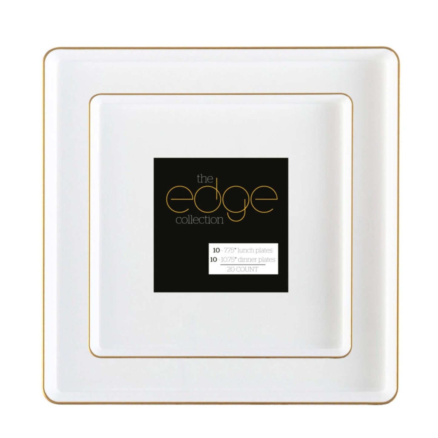 COMBO SET The Edge Collection 10.75" & 7.75" Square White With Gold Rim Plastic Dinnerware Combo Disposable Plates SIMCHA Collection