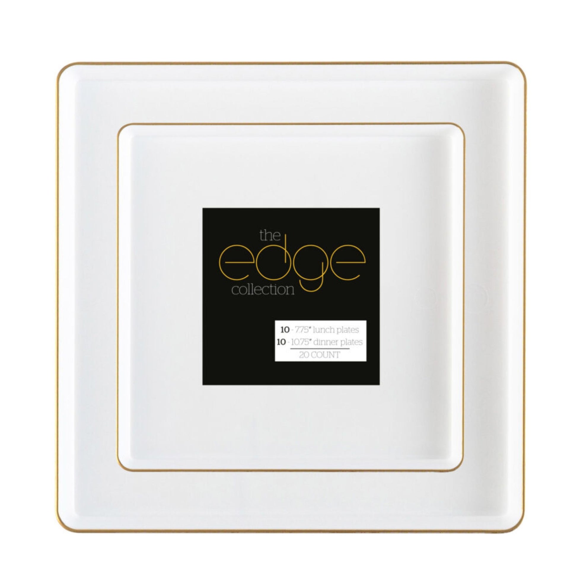 COMBO SET The Edge Collection 10.75" & 7.75" Square White With Gold Rim Plastic Dinnerware Combo Disposable Plates SIMCHA Collection