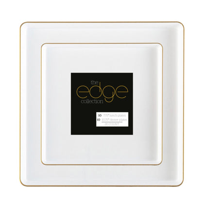 COMBO SET The Edge Collection 10.75" & 7.75" Square White With Gold Rim Plastic Dinnerware Combo Disposable Plates SIMCHA Collection