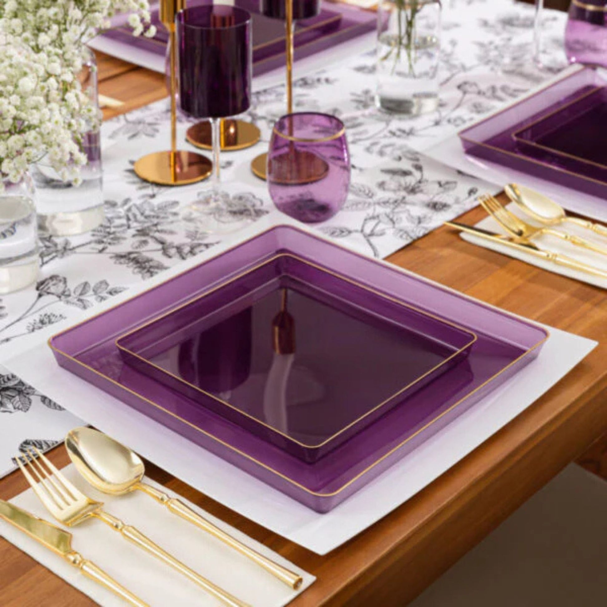 The Edge Collection 10.75" Transparent Purple with Gold Rim Square Plastic Dinner Plates Disposable Plates SIMCHA Collection