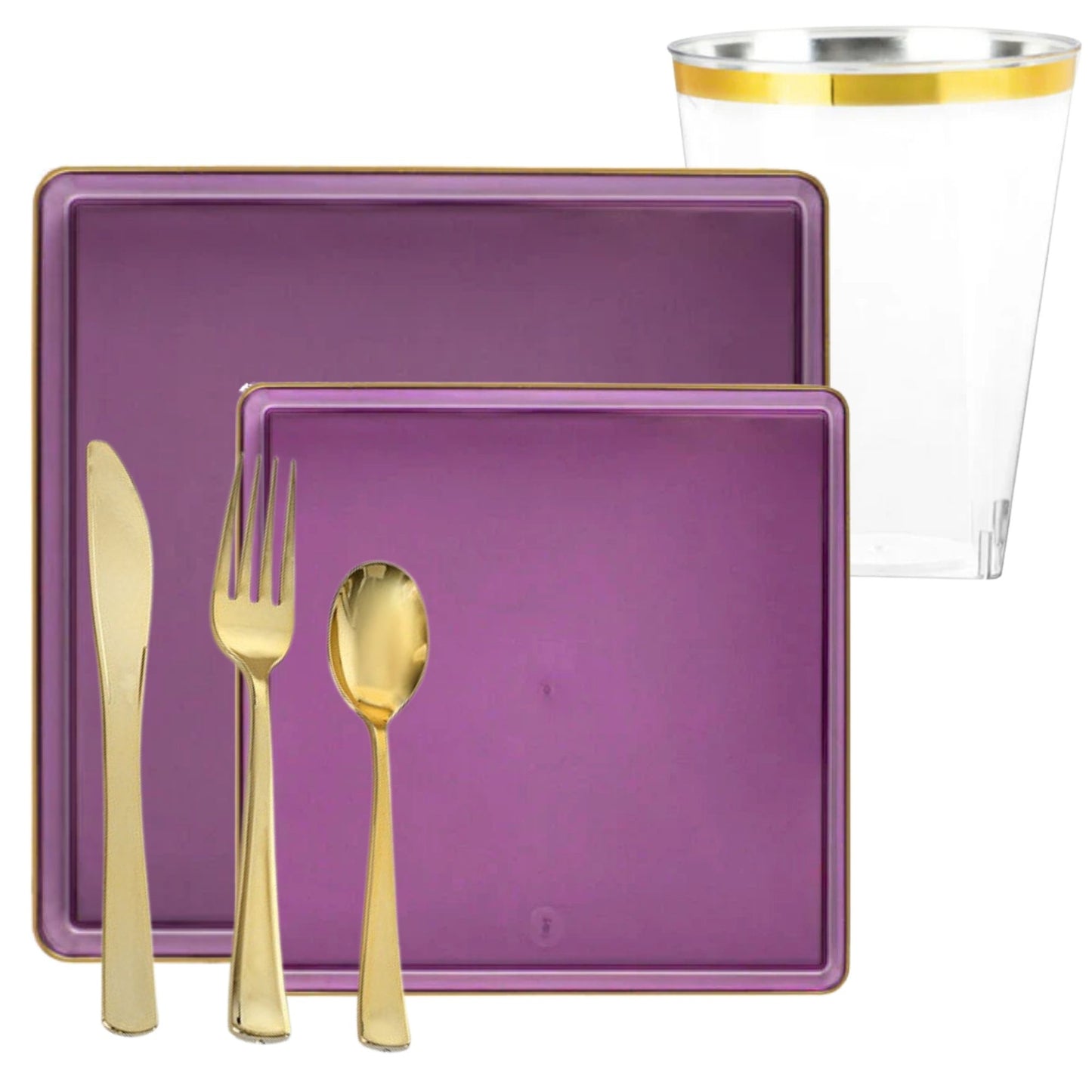 *BUY BULK* The Edge Collection Elegant Transparent Purple with Gold Rim Square Dinner Tableware COMBO Set Dinnerware Sets SIMCHA Collection