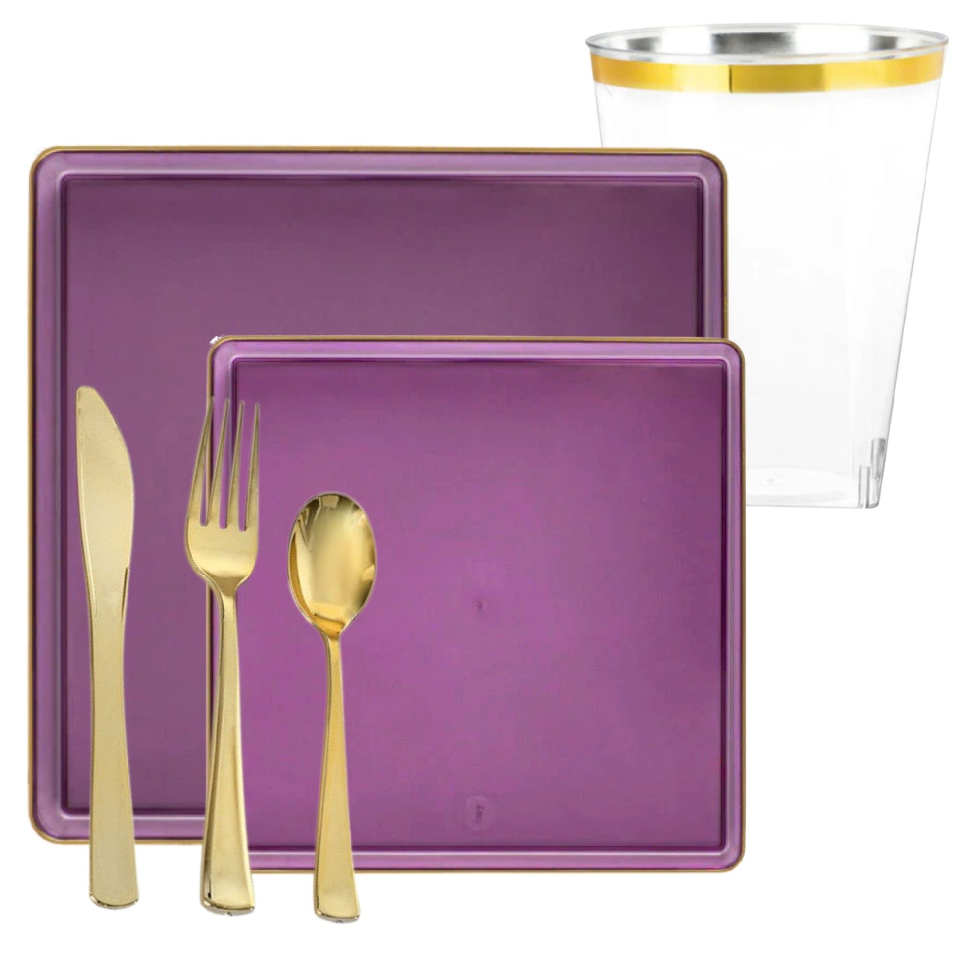 *BUY BULK* The Edge Collection Elegant Transparent Purple with Gold Rim Square Dinner Tableware COMBO Set Dinnerware Sets SIMCHA Collection