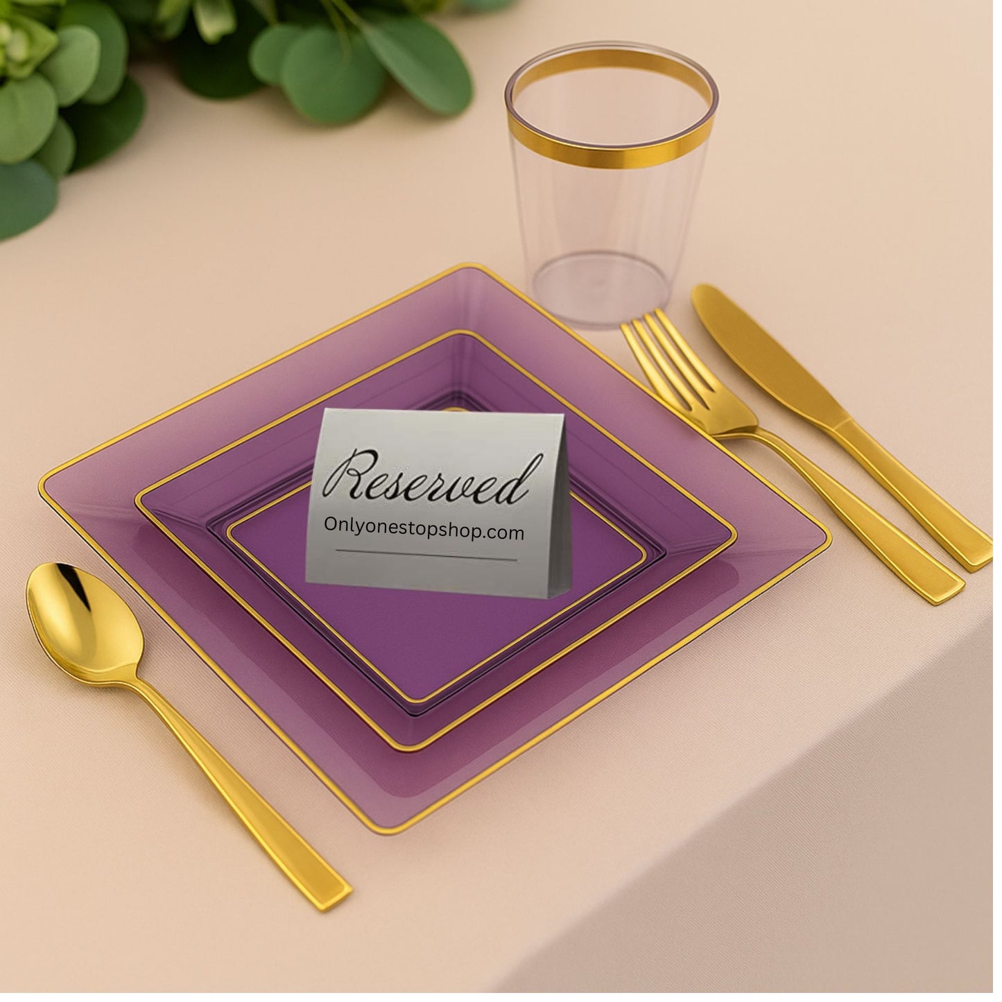 COMBO SET The Edge Collection 10.75" & 7.75" Square Purple With Gold Rim Plastic Dinnerware Combo Disposable Plates SIMCHA Collection
