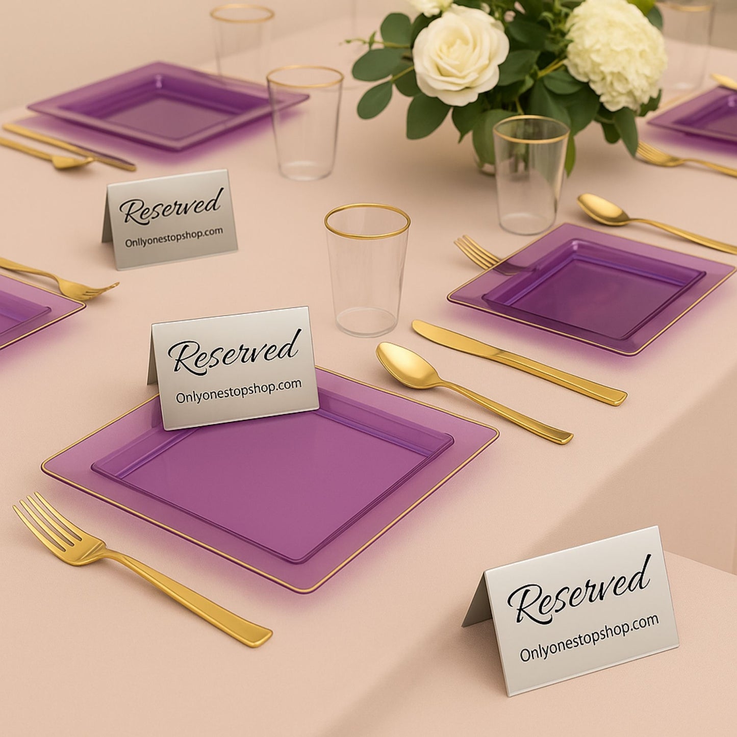 COMBO SET The Edge Collection 10.75" & 7.75" Square Purple With Gold Rim Plastic Dinnerware Combo Disposable Plates SIMCHA Collection