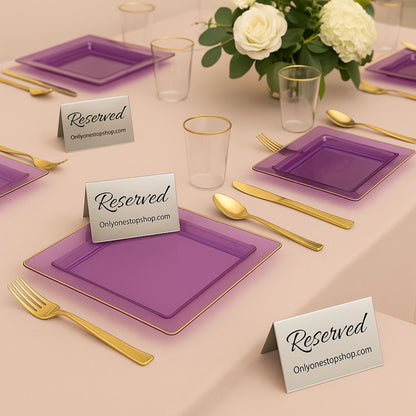 COMBO SET The Edge Collection 10.75" & 7.75" Square Purple With Gold Rim Plastic Dinnerware Combo Disposable Plates SIMCHA Collection