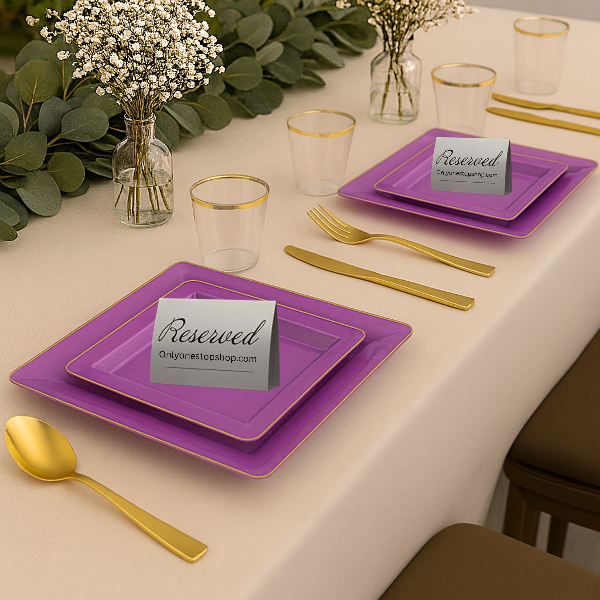 COMBO SET The Edge Collection 10.75" & 7.75" Square Purple With Gold Rim Plastic Dinnerware Combo Disposable Plates SIMCHA Collection