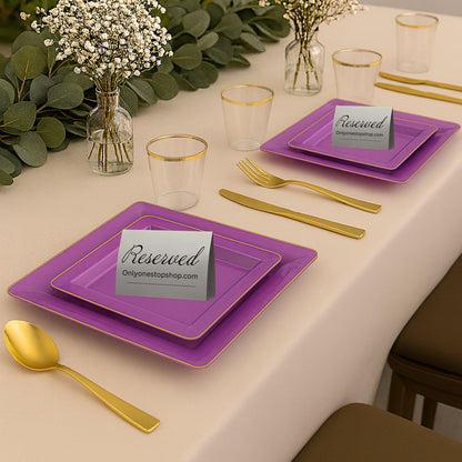 COMBO SET The Edge Collection 10.75" & 7.75" Square Purple With Gold Rim Plastic Dinnerware Combo Disposable Plates SIMCHA Collection