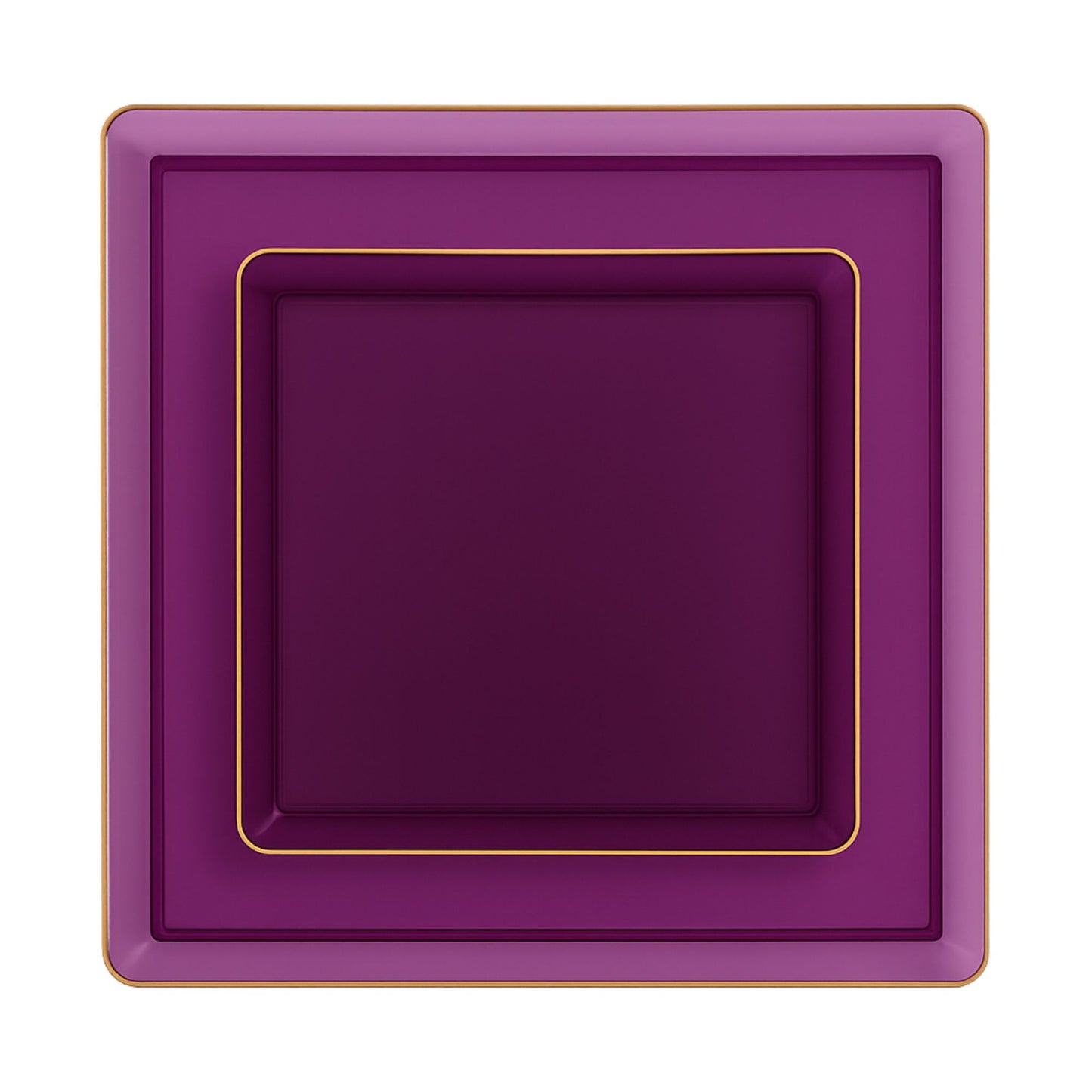 COMBO SET The Edge Collection 10.75" & 7.75" Square Purple With Gold Rim Plastic Dinnerware Combo Disposable Plates SIMCHA Collection