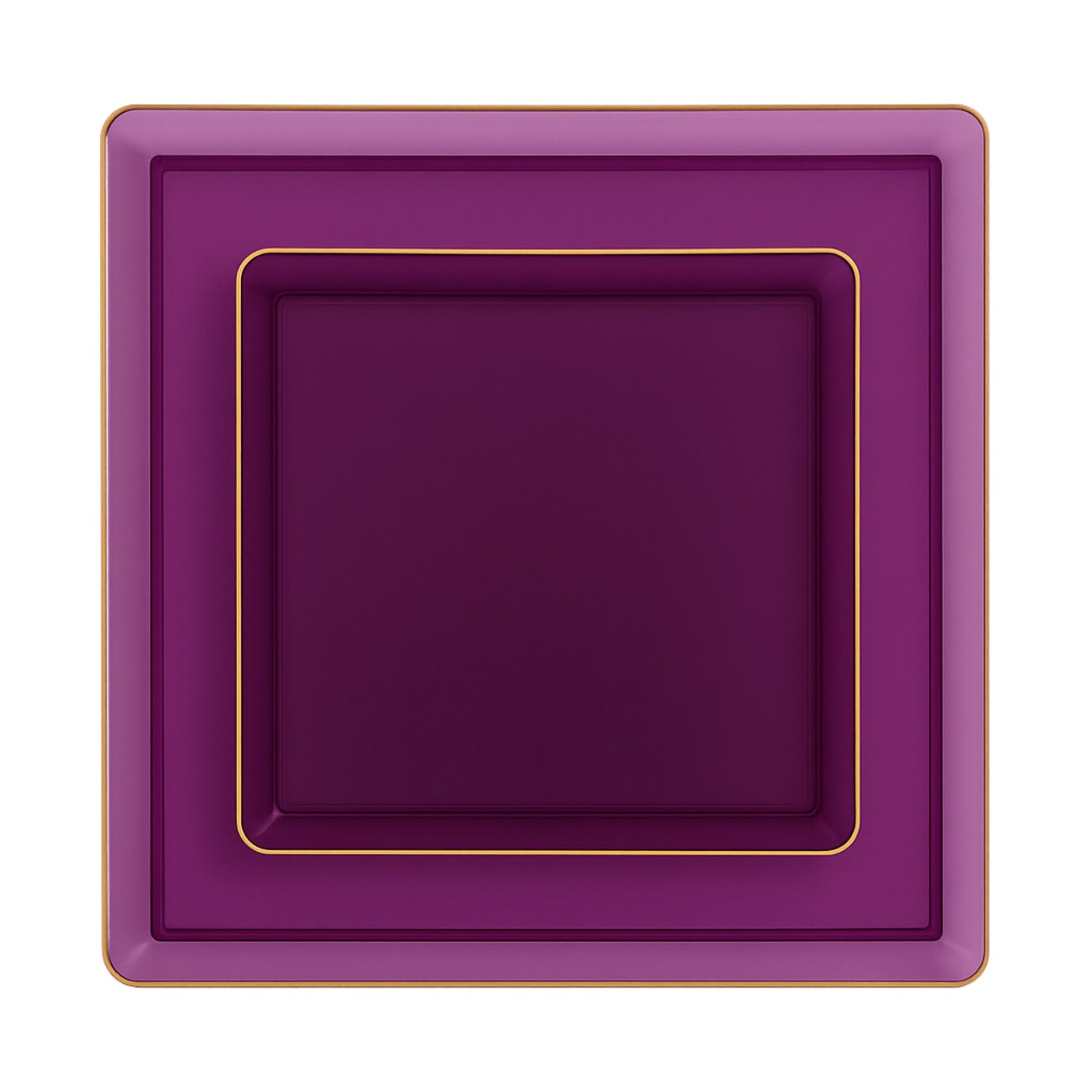 COMBO SET The Edge Collection 10.75" & 7.75" Square Purple With Gold Rim Plastic Dinnerware Combo Disposable Plates SIMCHA Collection
