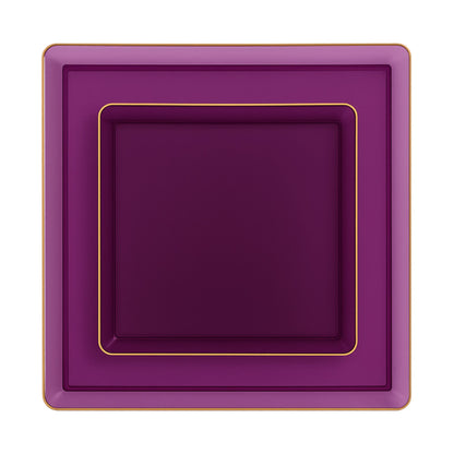 COMBO SET The Edge Collection 10.75" & 7.75" Square Purple With Gold Rim Plastic Dinnerware Combo Disposable Plates SIMCHA Collection