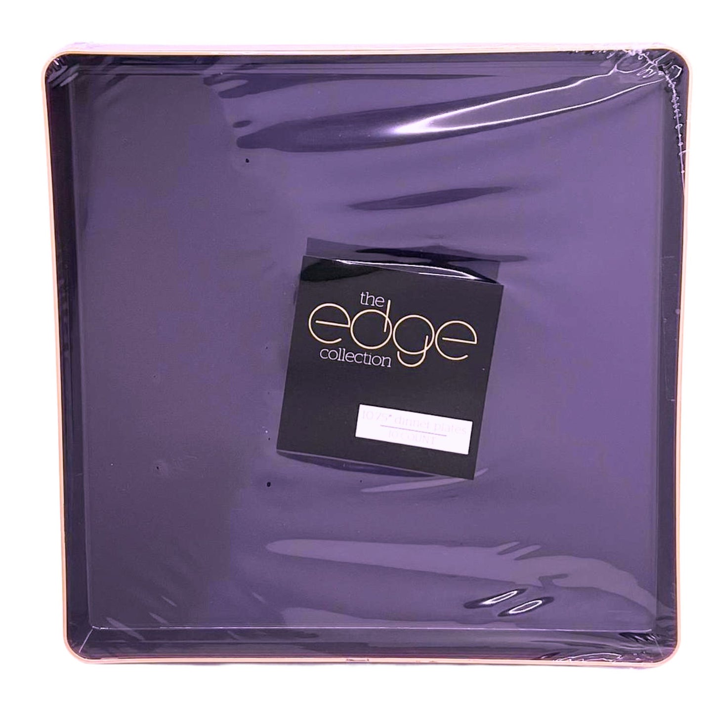 The Edge Collection 10.75" Transparent Purple with Gold Rim Square Plastic Dinner Plates Disposable Plates SIMCHA Collection