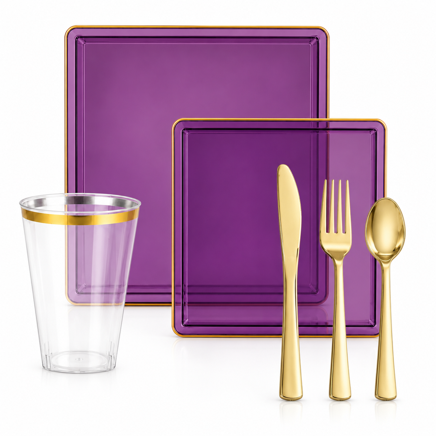 Square Purple & Gold Rim Plastic Dinnerware Set Value Pack-Edge Dinnerware Sets SIMCHA Collection