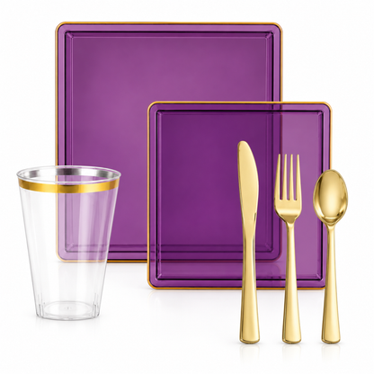 Square Purple & Gold Rim Plastic Dinnerware Set Value Pack-Edge Dinnerware Sets SIMCHA Collection