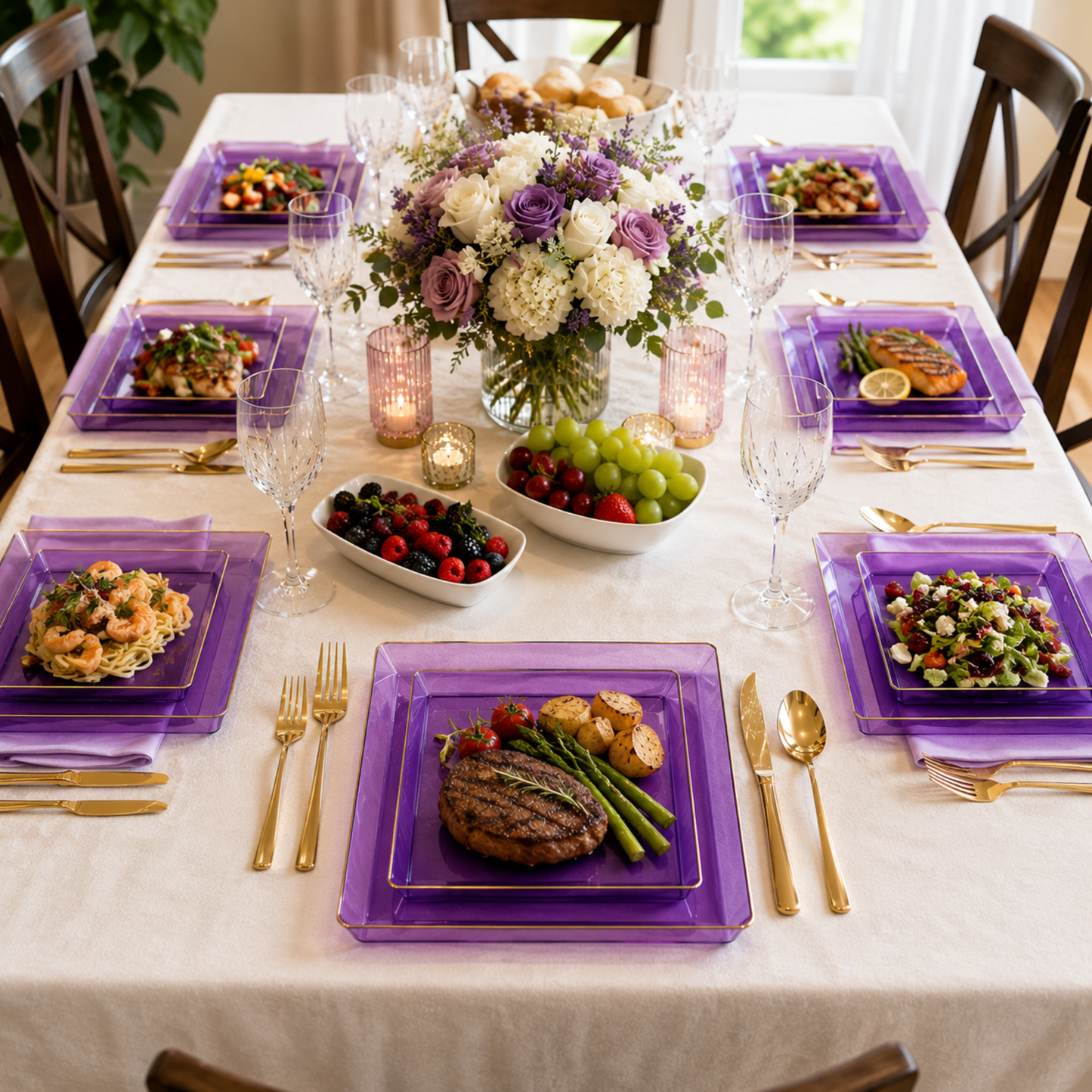 Square Purple & Gold Rim Plastic Dinnerware Set Value Pack-Edge Dinnerware Sets SIMCHA Collection