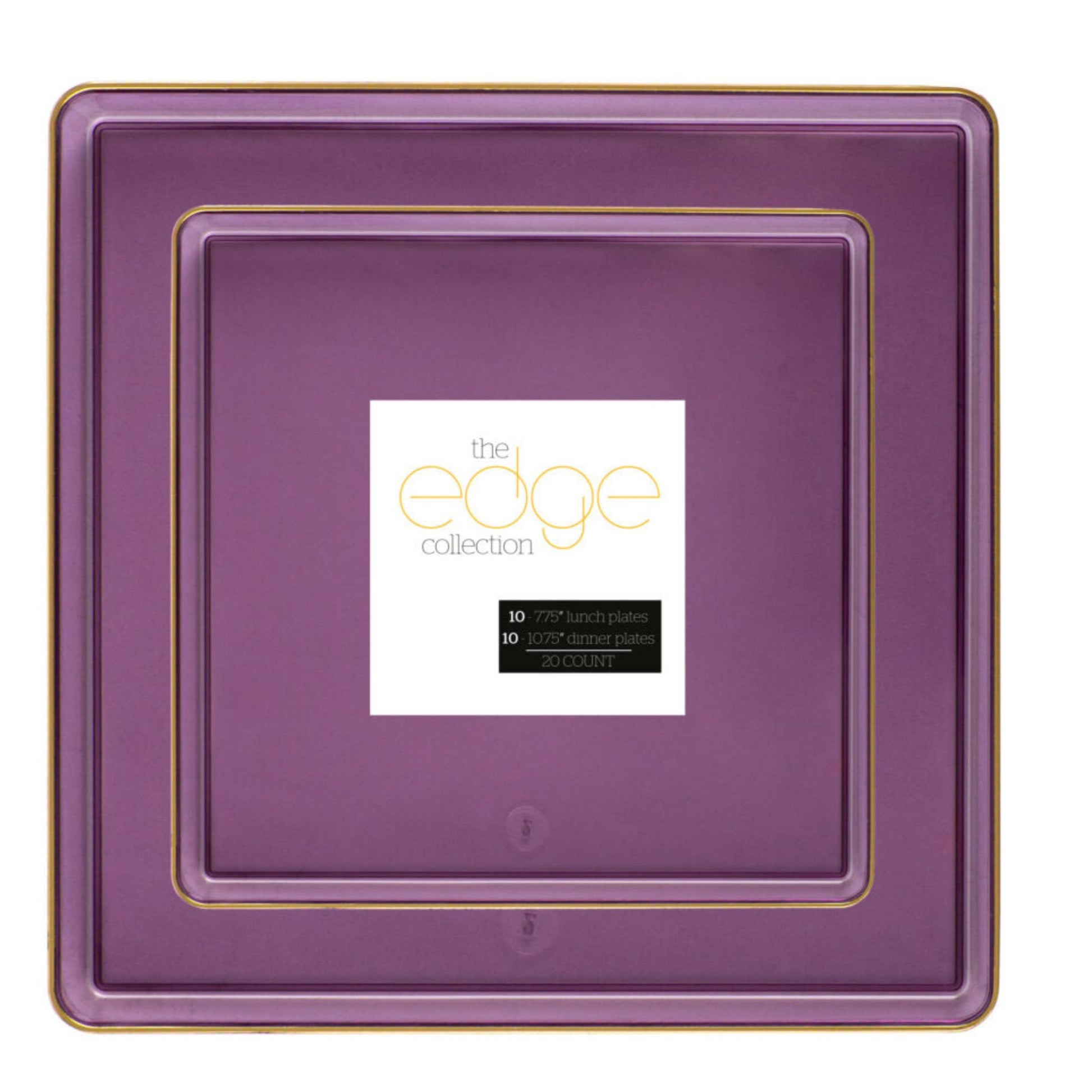 COMBO SET The Edge Collection 10.75" & 7.75" Square Purple With Gold Rim Plastic Dinnerware Combo Disposable Plates SIMCHA Collection