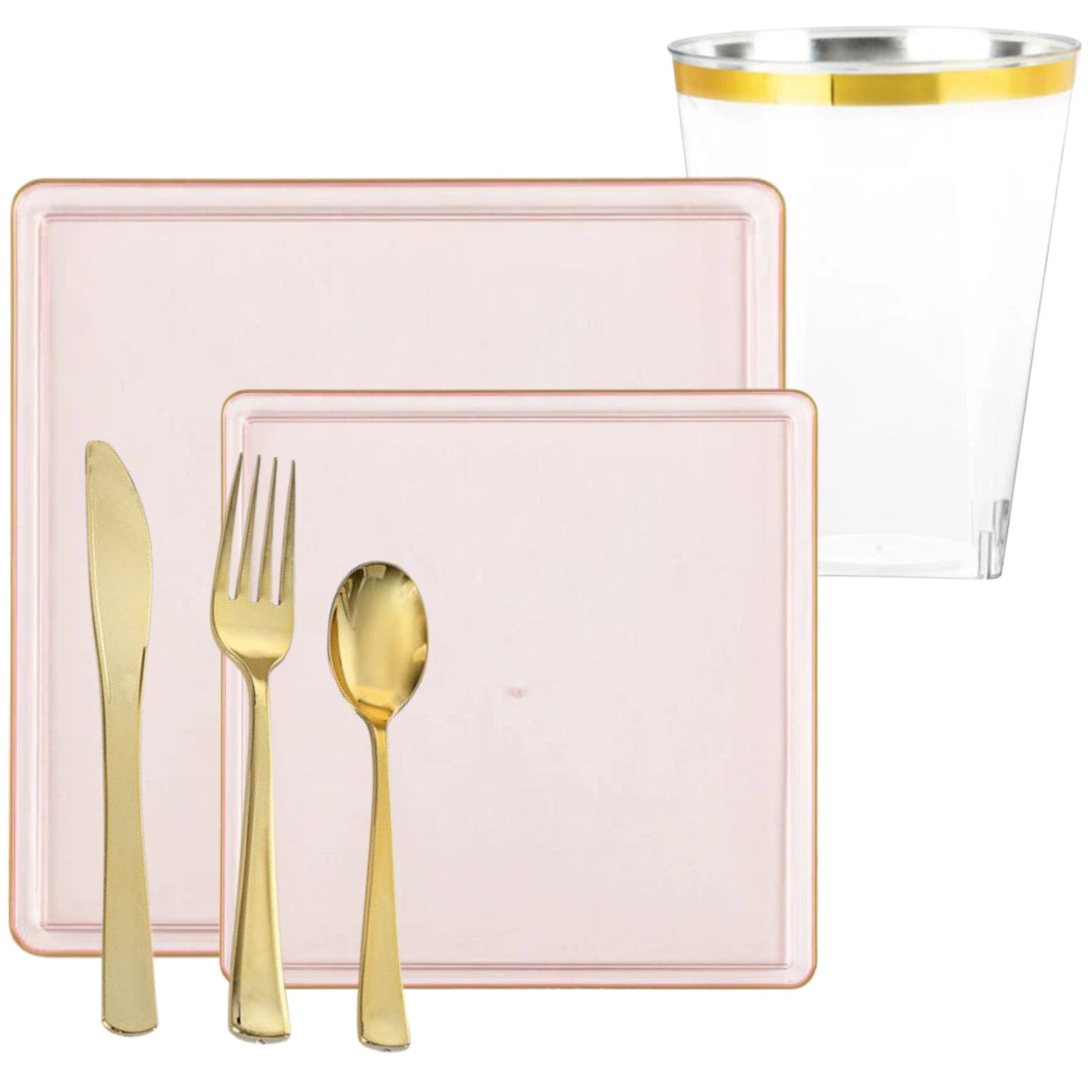 *BUY BULK* The Edge Collection Elegant Transparent Pink with Gold Rim Square Dinner Tableware COMBO Set Dinnerware Sets SIMCHA Collection
