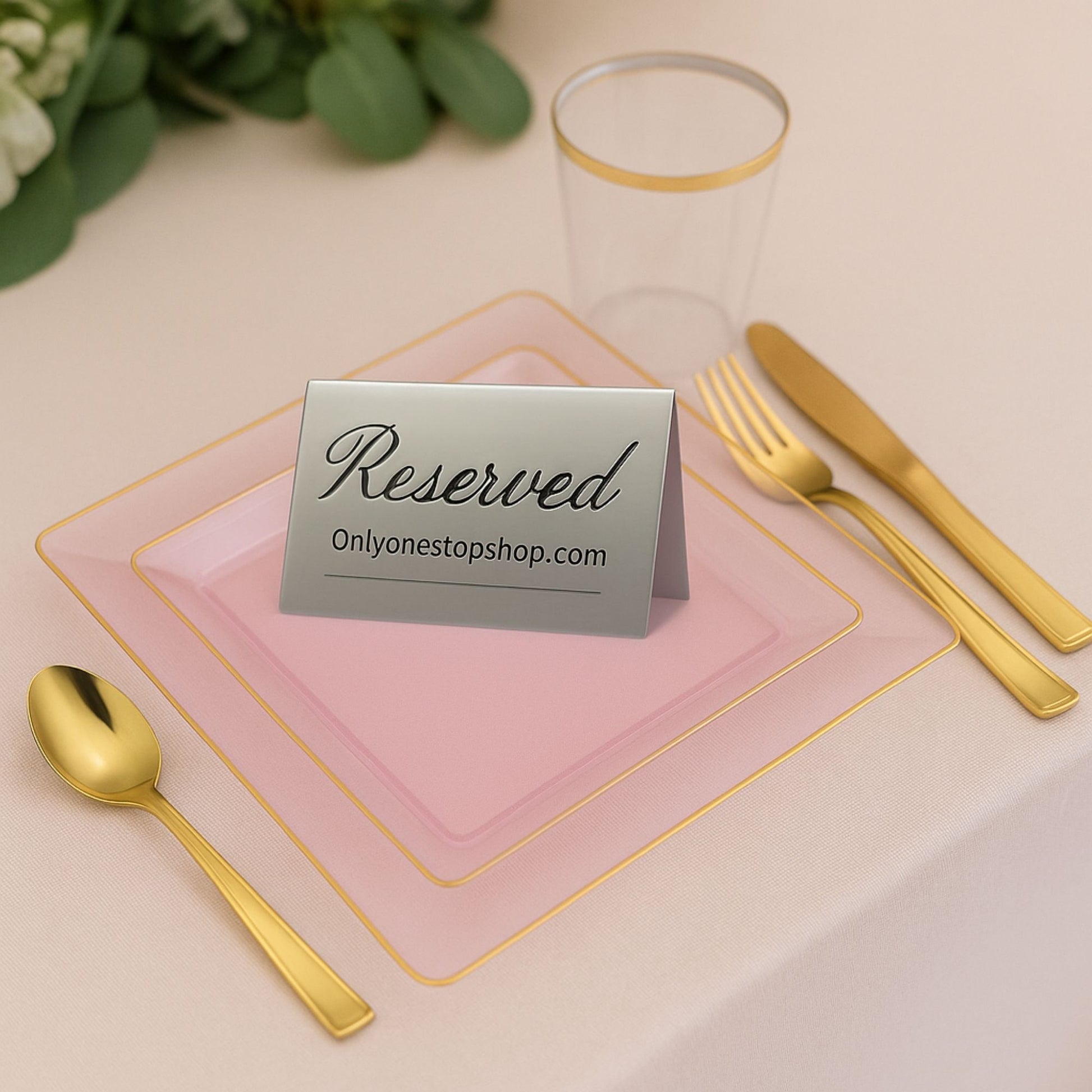 COMBO SET The Edge Collection 10.75" & 7.75" Square Pink With Gold RIme Plastic Dinnerware:20CT Combo Disposable Plates SIMCHA Collection