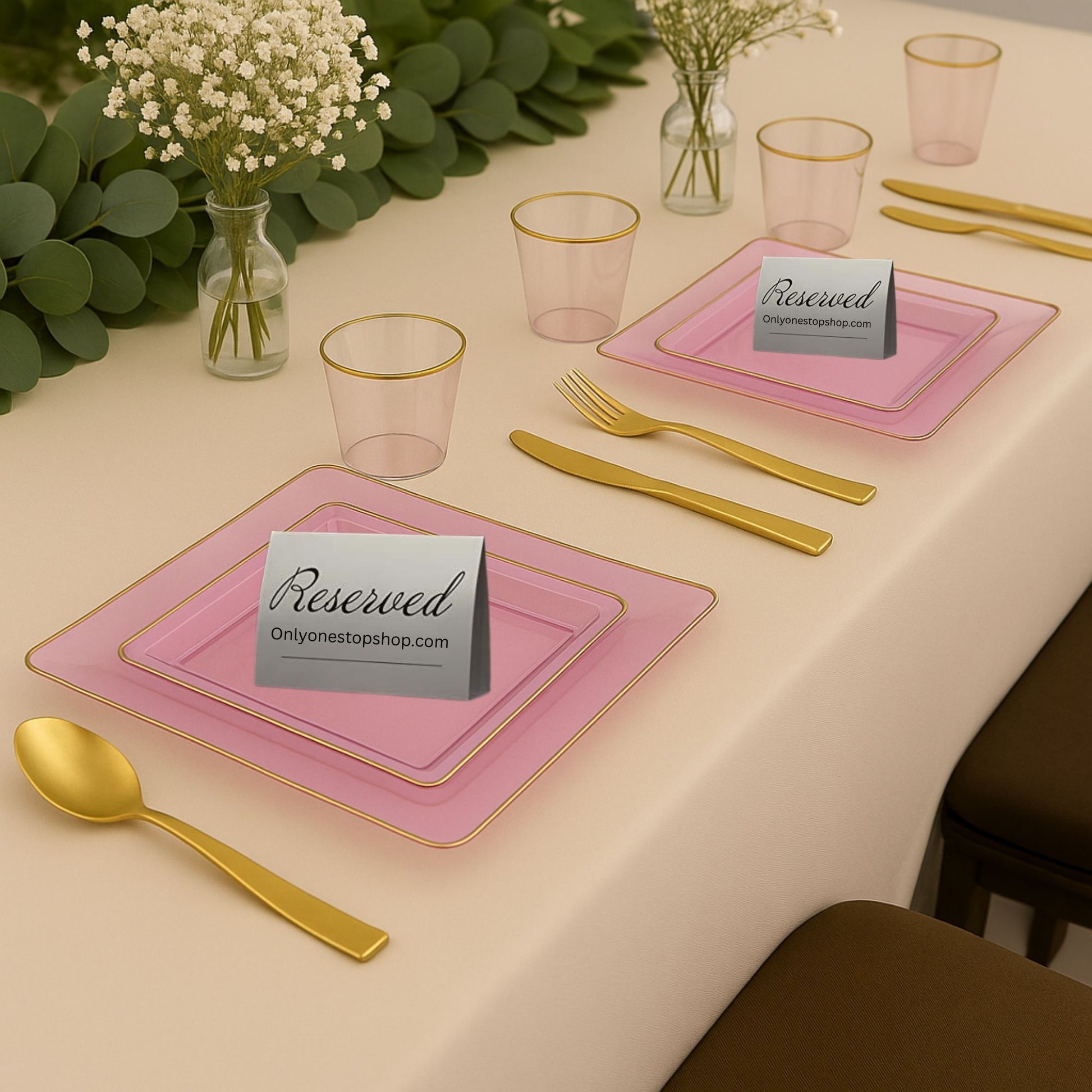 COMBO SET The Edge Collection 10.75" & 7.75" Square Pink With Gold RIme Plastic Dinnerware:20CT Combo Disposable Plates SIMCHA Collection