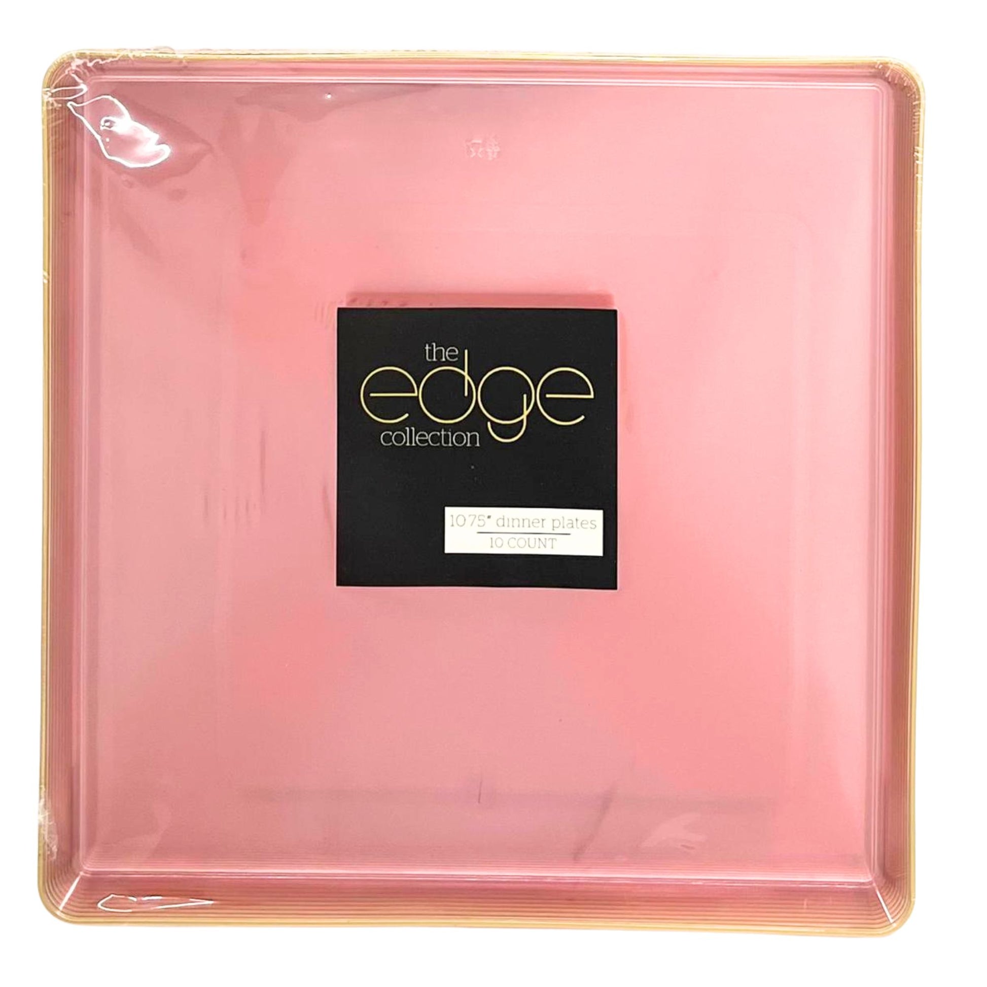 The Edge Collection 10.75" Transparent Pink with Gold Rim Square Plastic Dinner Plates Disposable Plates SIMCHA Collection