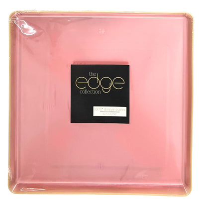 The Edge Collection 10.75" Transparent Pink with Gold Rim Square Plastic Dinner Plates Disposable Plates SIMCHA Collection