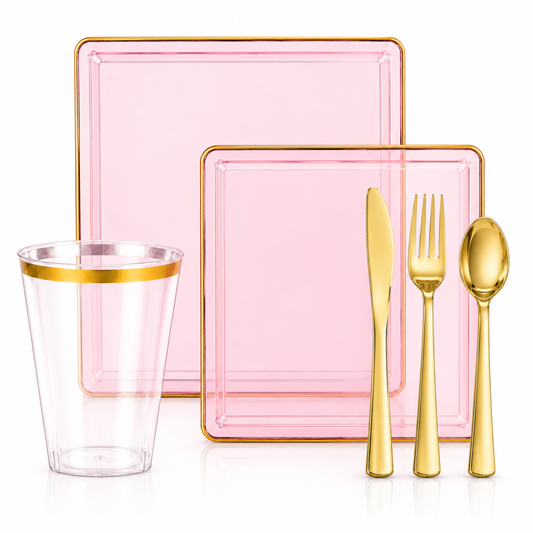 Square Pink & Gold Rim Plastic Dinnerware Set Value Pack-Edge Dinnerware Sets SIMCHA Collection