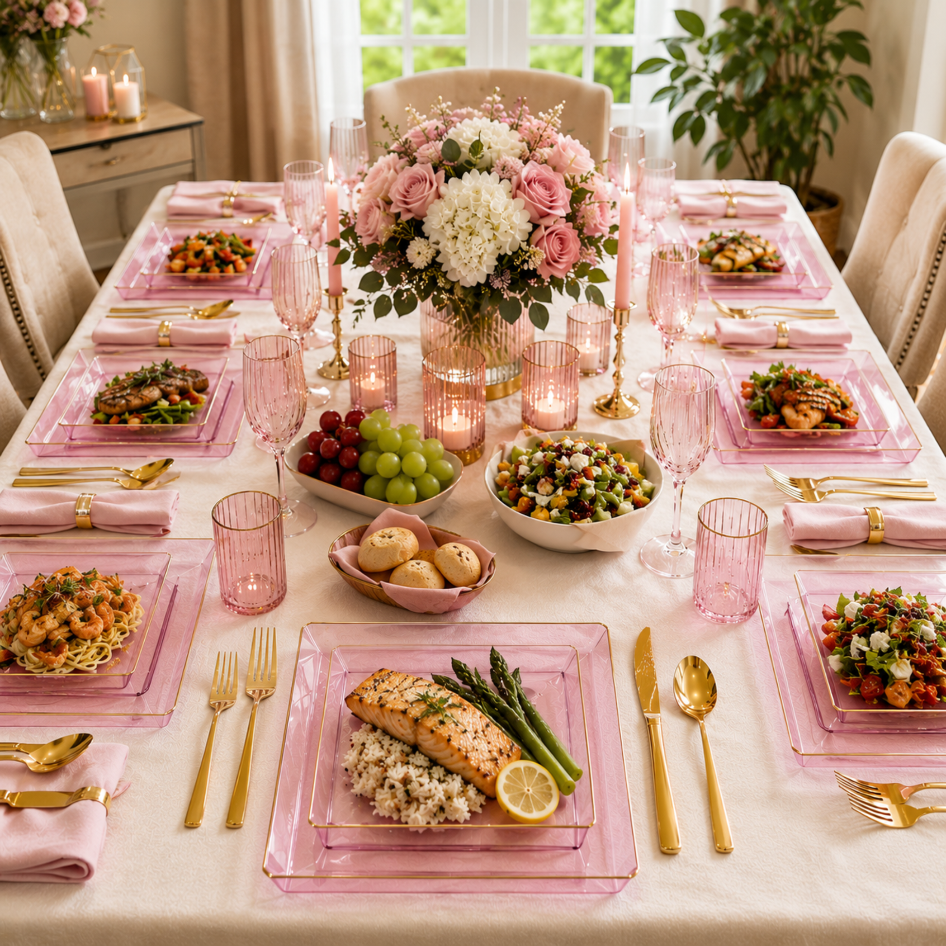 Square Pink & Gold Rim Plastic Dinnerware Set Value Pack-Edge Dinnerware Sets SIMCHA Collection