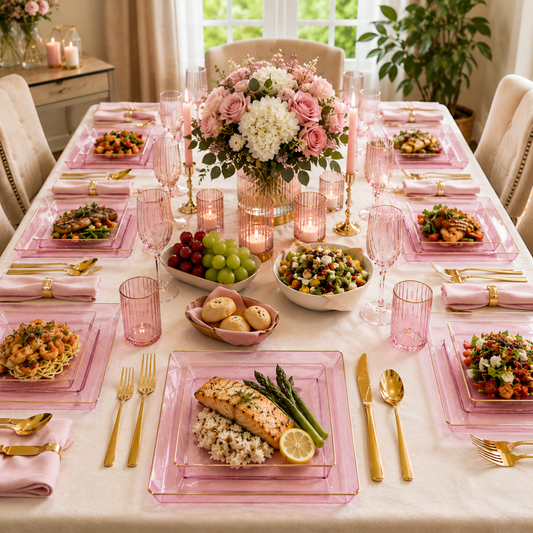 Square Pink & Gold Rim Plastic Dinnerware Set Value Pack-Edge Dinnerware Sets SIMCHA Collection