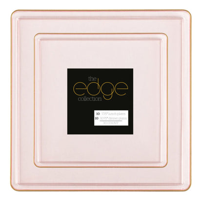 COMBO SET The Edge Collection 10.75" & 7.75" Square Pink With Gold RIme Plastic Dinnerware:20CT Combo Disposable Plates SIMCHA Collection