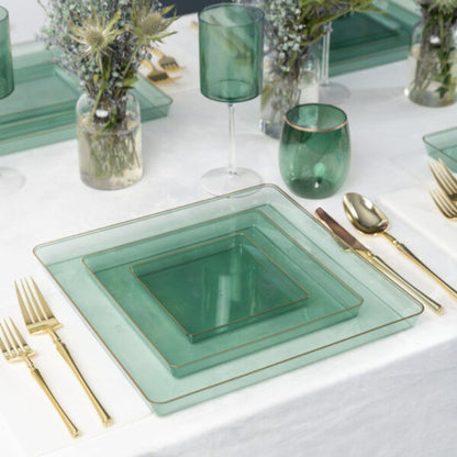 The Edge Collection 10.75" Transparent Green with Gold Rim Square Plastic Dinner Plates Disposable Plates SIMCHA Collection