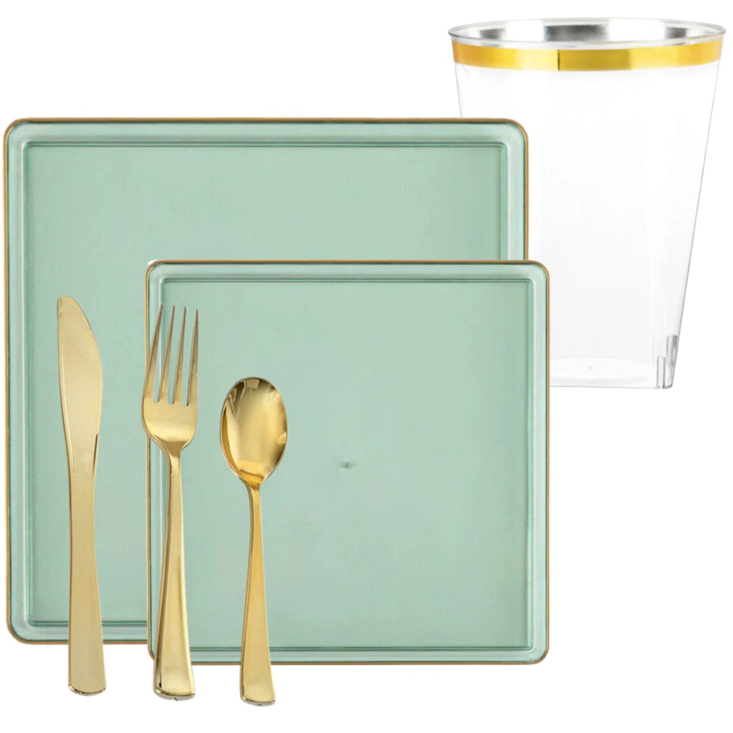*BUY BULK* The Edge Collection Elegant Transparent Green with Gold Rim Square Dinner Tableware COMBO Set Dinnerware Sets SIMCHA Collection