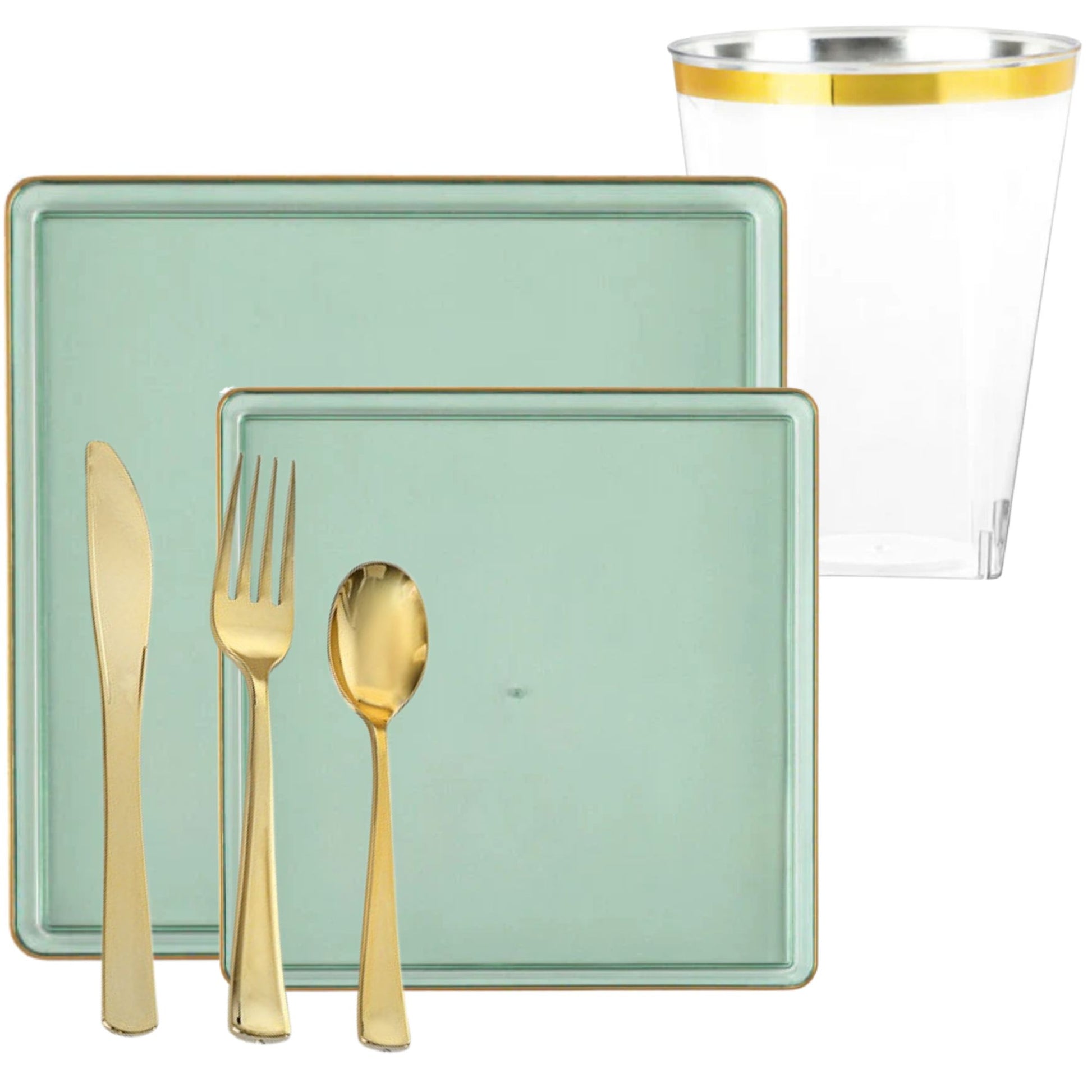 *BUY BULK* The Edge Collection Elegant Transparent Green with Gold Rim Square Dinner Tableware COMBO Set Dinnerware Sets SIMCHA Collection