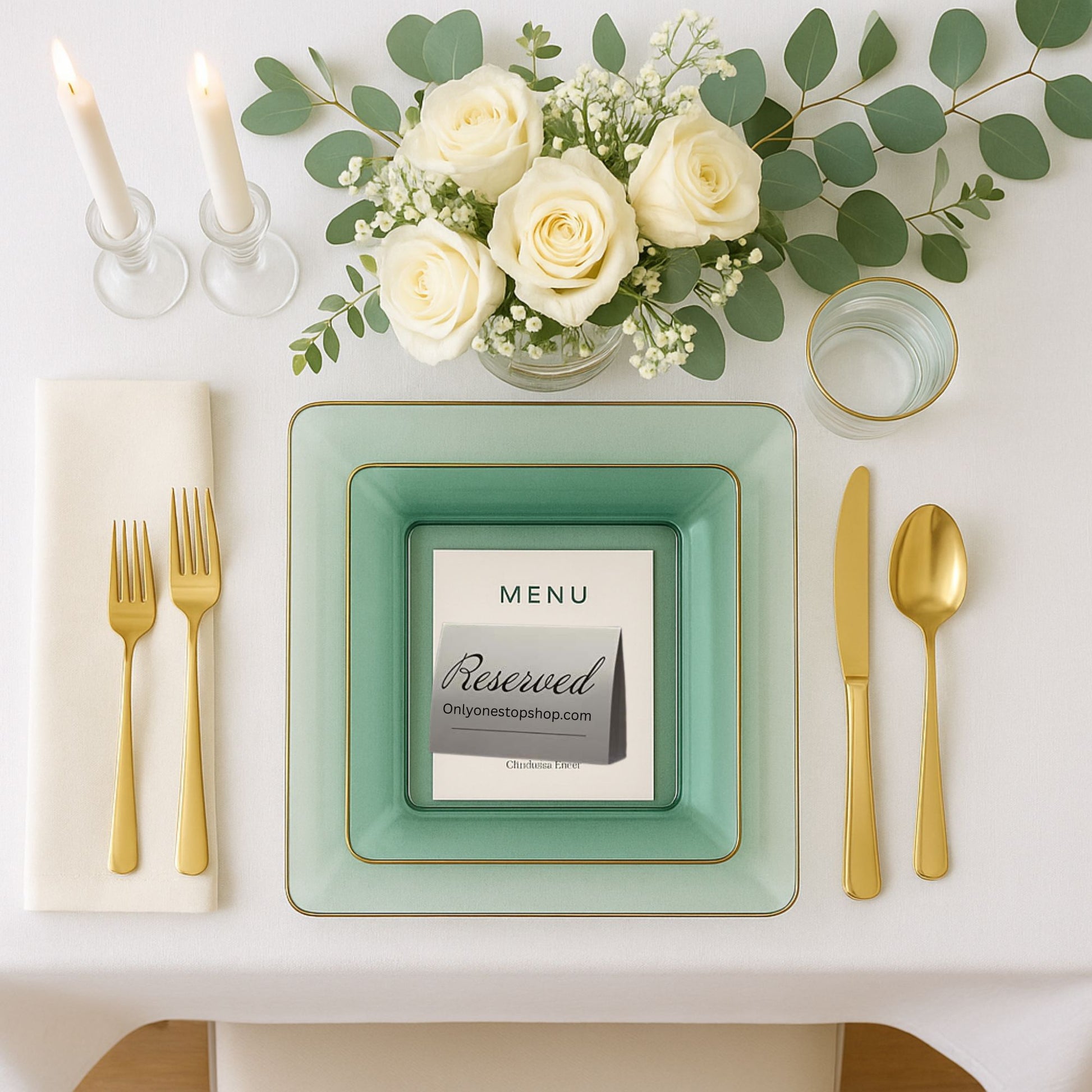 COMBO SET The Edge Collection 10.75" & 7.75" Square Green With Gold Rim Plastic Dinnerware Combo Disposable Plates SIMCHA Collection