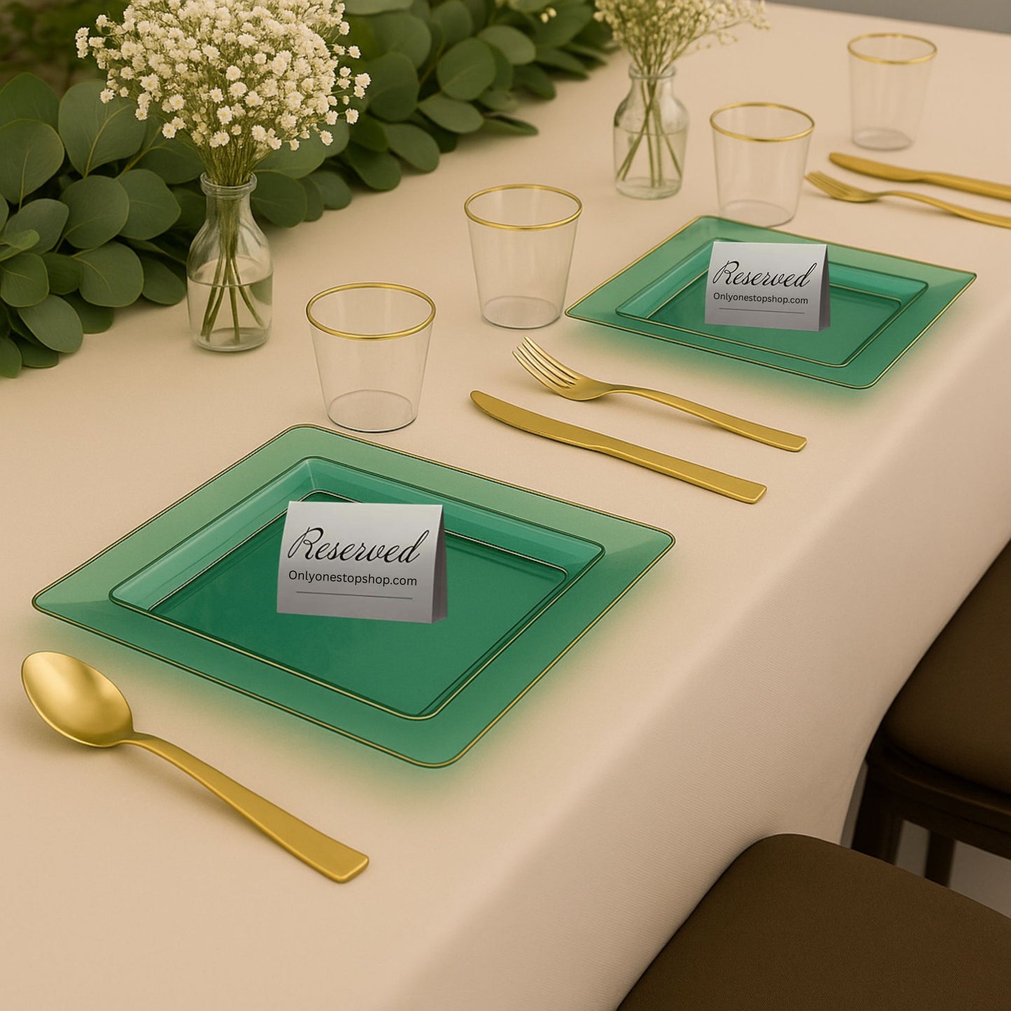 COMBO SET The Edge Collection 10.75" & 7.75" Square Green With Gold Rim Plastic Dinnerware Combo Disposable Plates SIMCHA Collection