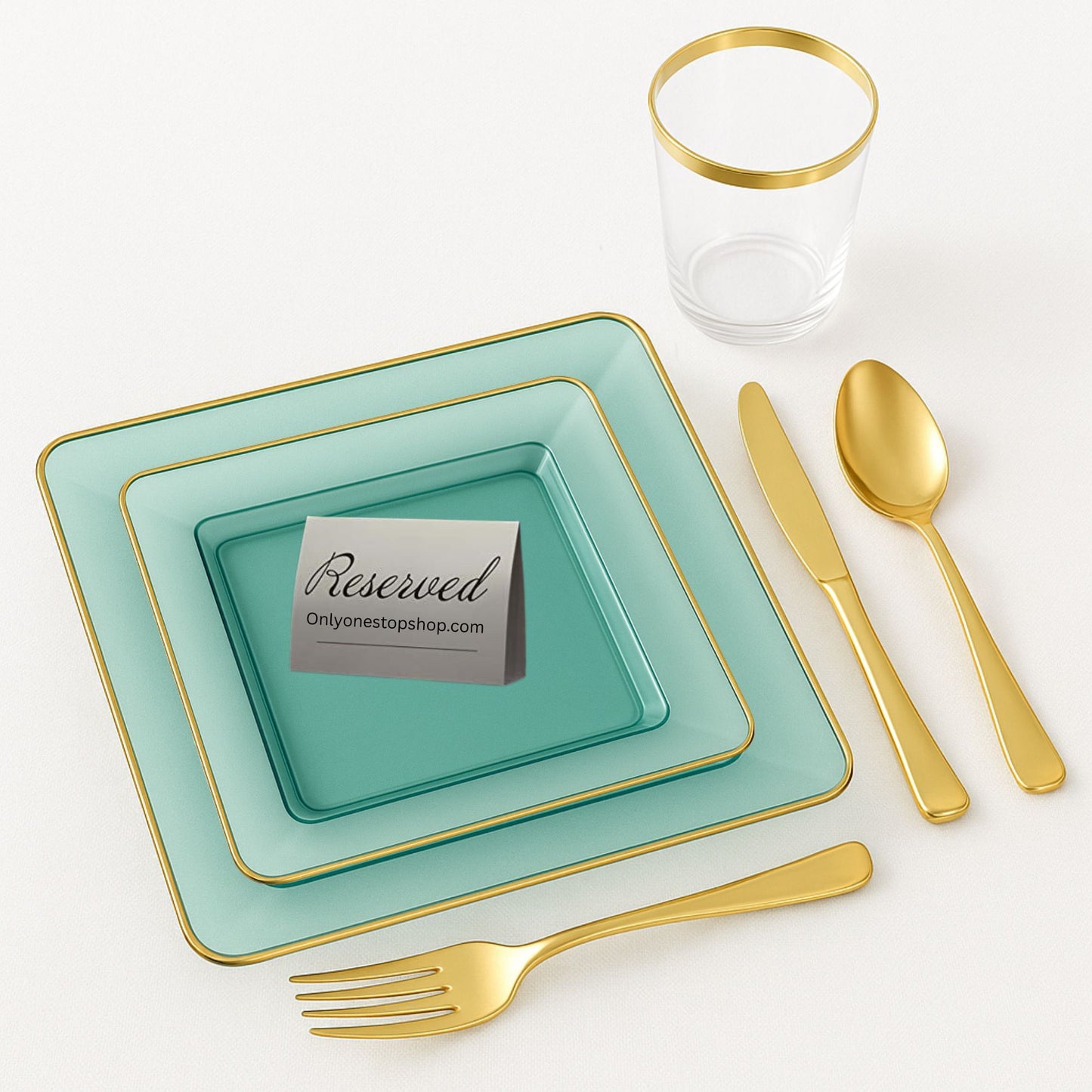 COMBO SET The Edge Collection 10.75" & 7.75" Square Green With Gold Rim Plastic Dinnerware Combo Disposable Plates SIMCHA Collection