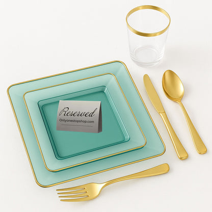COMBO SET The Edge Collection 10.75" & 7.75" Square Green With Gold Rim Plastic Dinnerware Combo Disposable Plates SIMCHA Collection