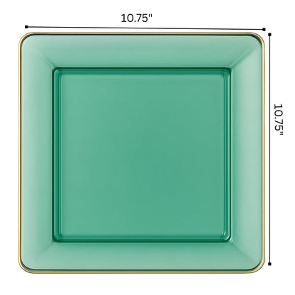 COMBO SET The Edge Collection 10.75" & 7.75" Square Green With Gold Rim Plastic Dinnerware Combo Disposable Plates SIMCHA Collection
