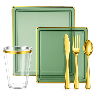 Square Green & Gold Rim Plastic Dinnerware Set Value Pack-Edge Dinnerware Sets SIMCHA Collection