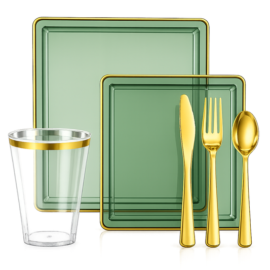 Square Green & Gold Rim Plastic Dinnerware Set Value Pack-Edge Dinnerware Sets SIMCHA Collection