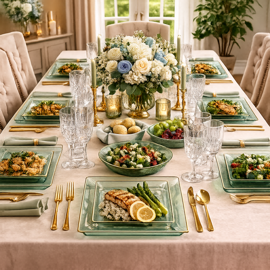 Square Green & Gold Rim Plastic Dinnerware Set Value Pack-Edge Dinnerware Sets SIMCHA Collection