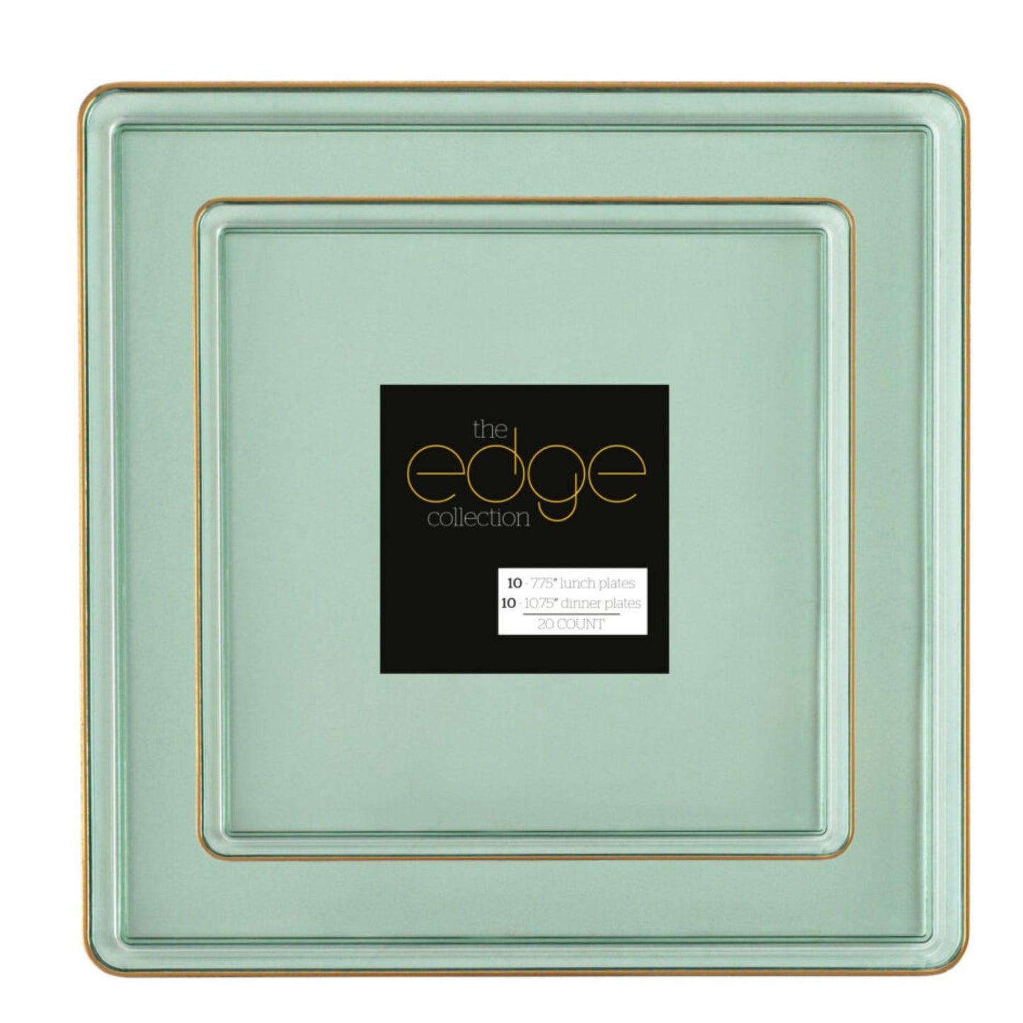 COMBO SET The Edge Collection 10.75" & 7.75" Square Green With Gold Rim Plastic Dinnerware Combo Disposable Plates SIMCHA Collection
