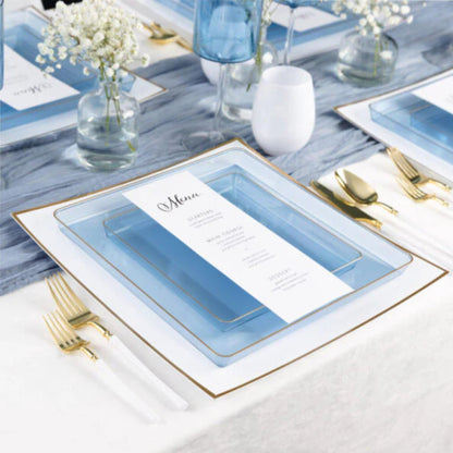 The Edge Collection 10.75" Transparent Blue with Gold Rim Square Plastic Dinner Plates Disposable Plates SIMCHA Collection