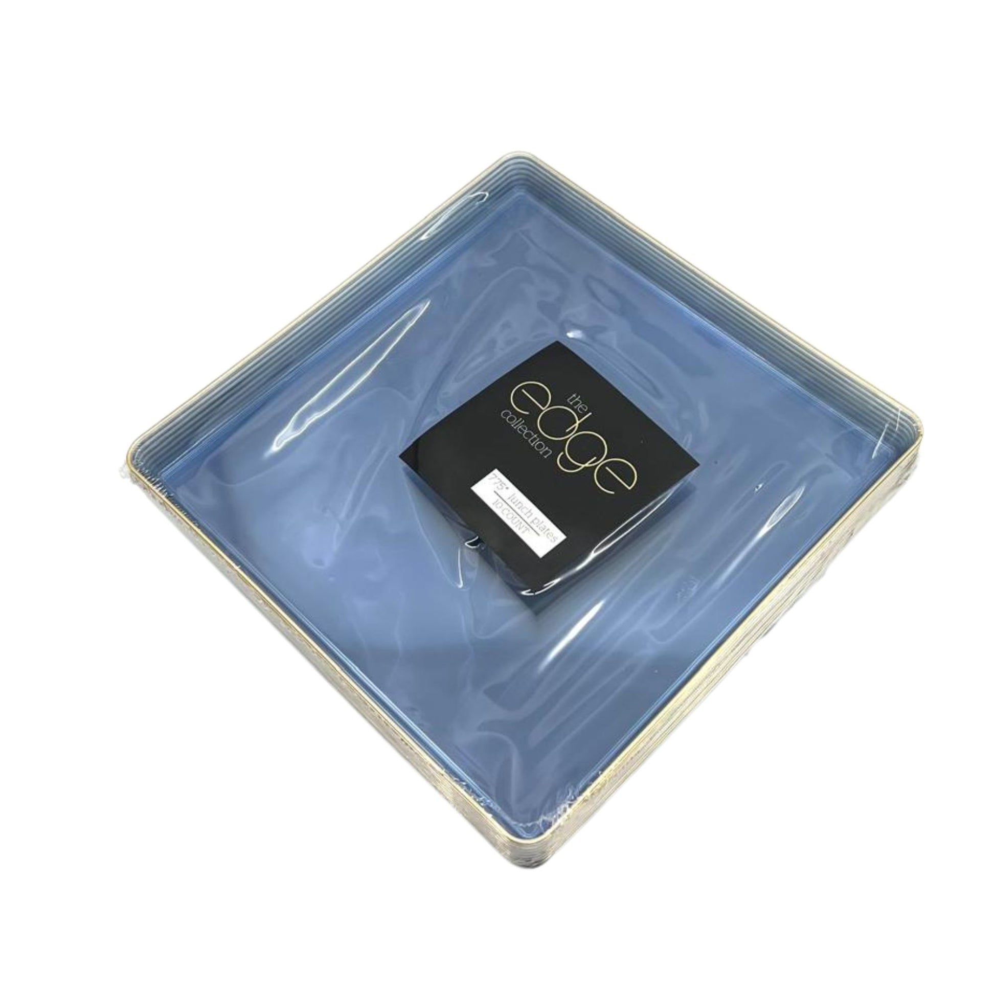 The Edge Collection 7.75" Transparent Blue with Gold Rim Square Plastic Plates Disposable Plates SIMCHA Collection
