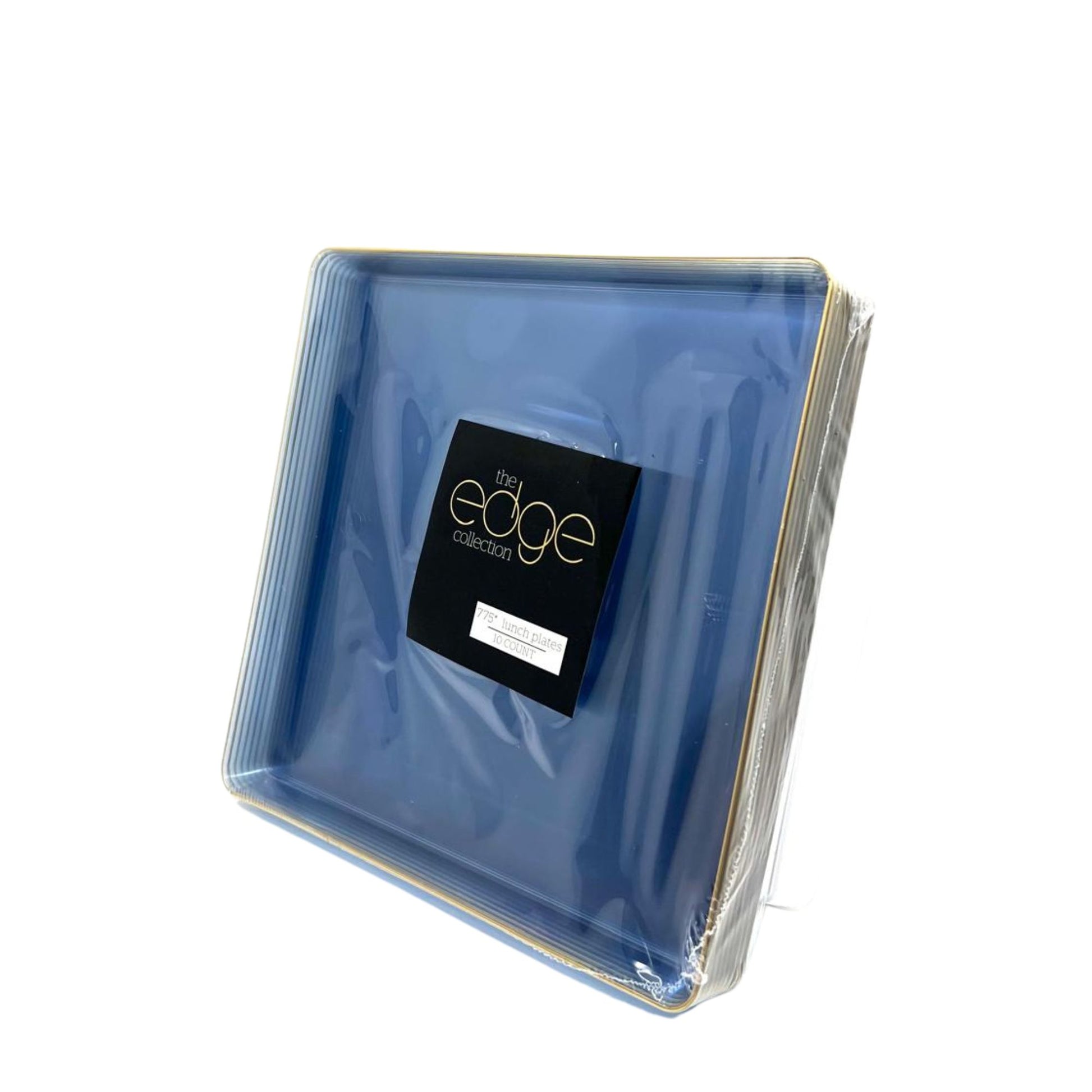 The Edge Collection 7.75" Transparent Blue with Gold Rim Square Plastic Plates Disposable Plates SIMCHA Collection