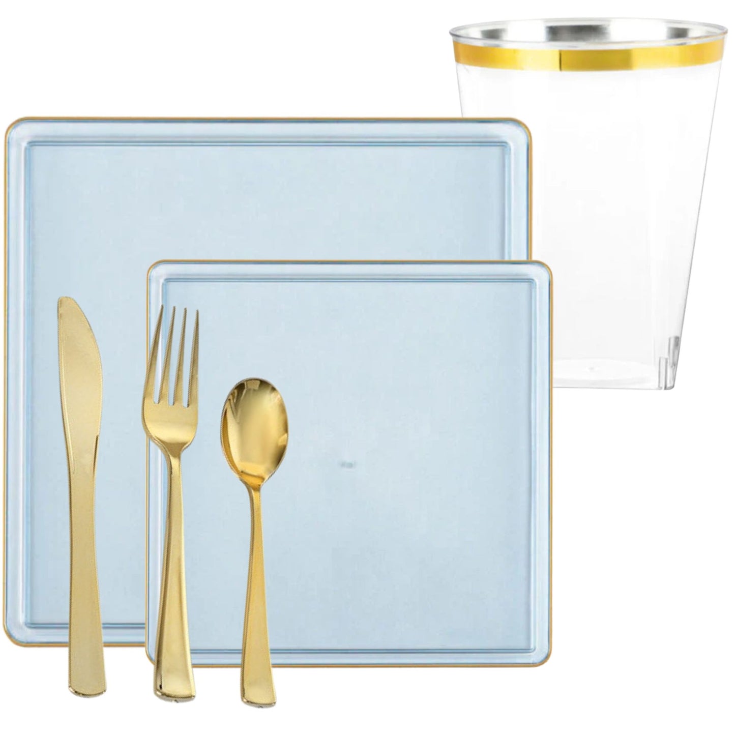 *BUY BULK* The Edge Collection Elegant Transparent Blue with Gold Rim Square Dinner Tableware COMBO Set Dinnerware Sets SIMCHA Collection