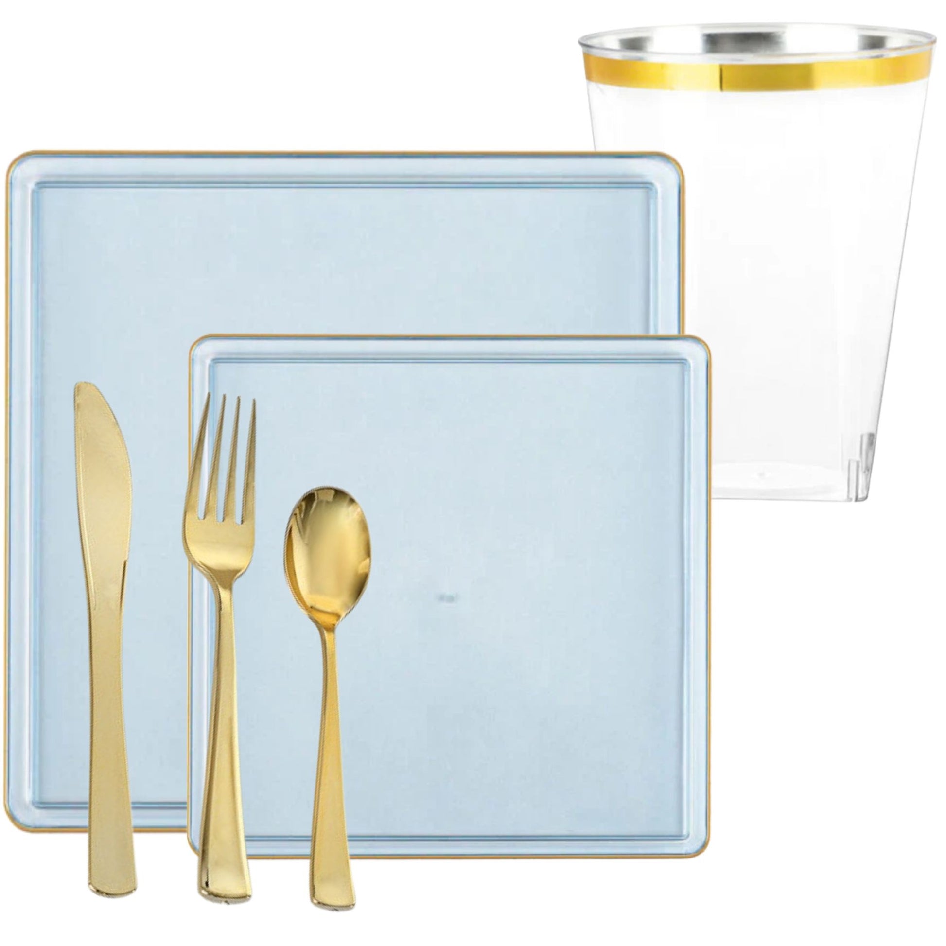 *BUY BULK* The Edge Collection Elegant Transparent Blue with Gold Rim Square Dinner Tableware COMBO Set Dinnerware Sets SIMCHA Collection